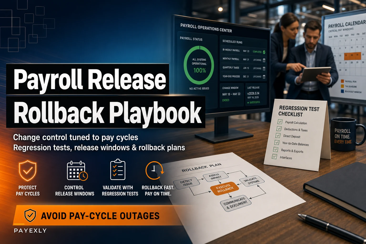 Avoid pay‑cycle outages: payroll change control and release playbook with rollback plans