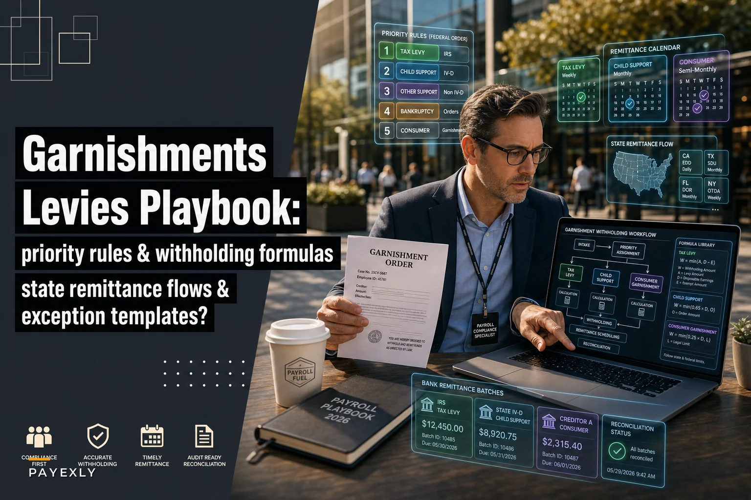 Garnishments and levies playbook: priority rules, withholding formulas and state remittance flows