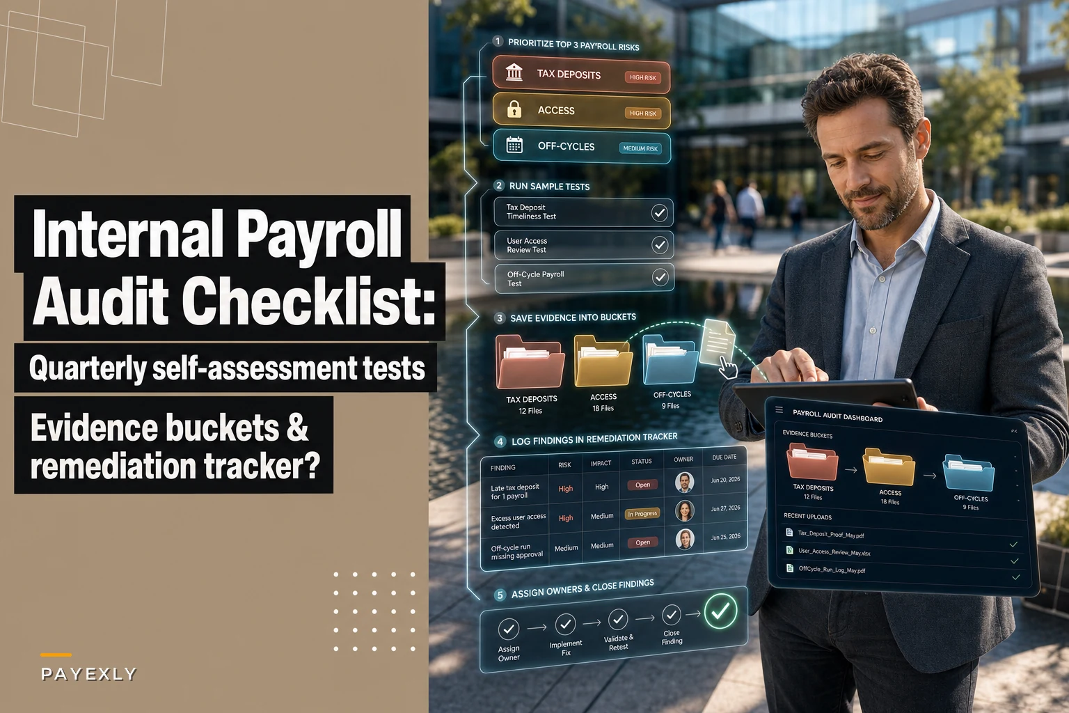 Internal payroll audit checklist: quarterly self-assessment tests, evidence buckets and remediation tracker