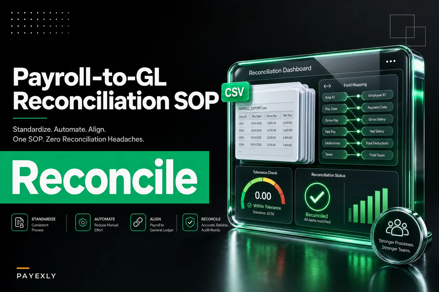 Month‑end payroll‑to‑GL reconciliation SOP: field mappings, tolerances and exception playbook