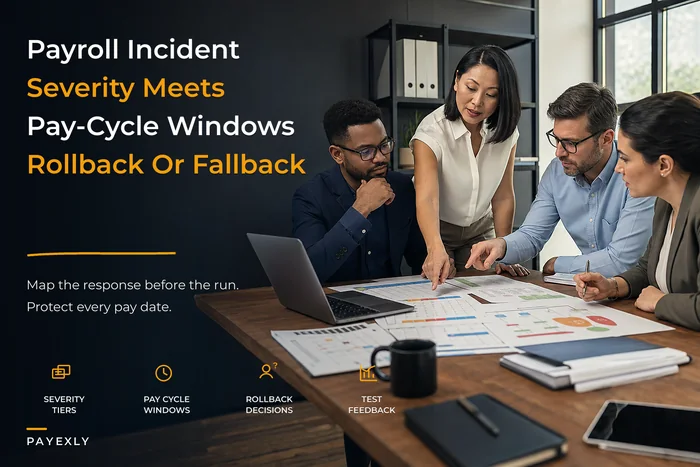 Payroll incident-response playbook: map pay-cycle severity, rollback vs fallback payments and tabletop schedules