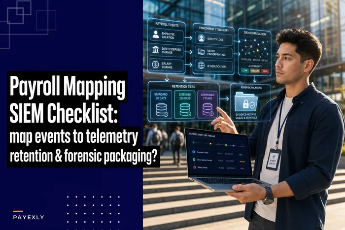Payroll logging and SIEM checklist: map payroll events to telemetry, retention and forensic packaging