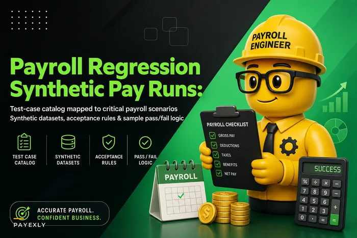 Payroll regression tests and synthetic pay runs: test-case catalog, datasets and acceptance rules