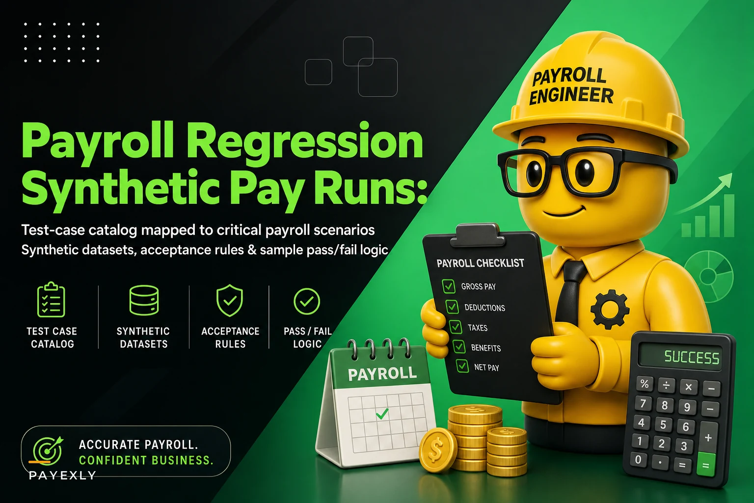 Payroll regression tests and synthetic pay runs: test-case catalog, datasets and acceptance rules