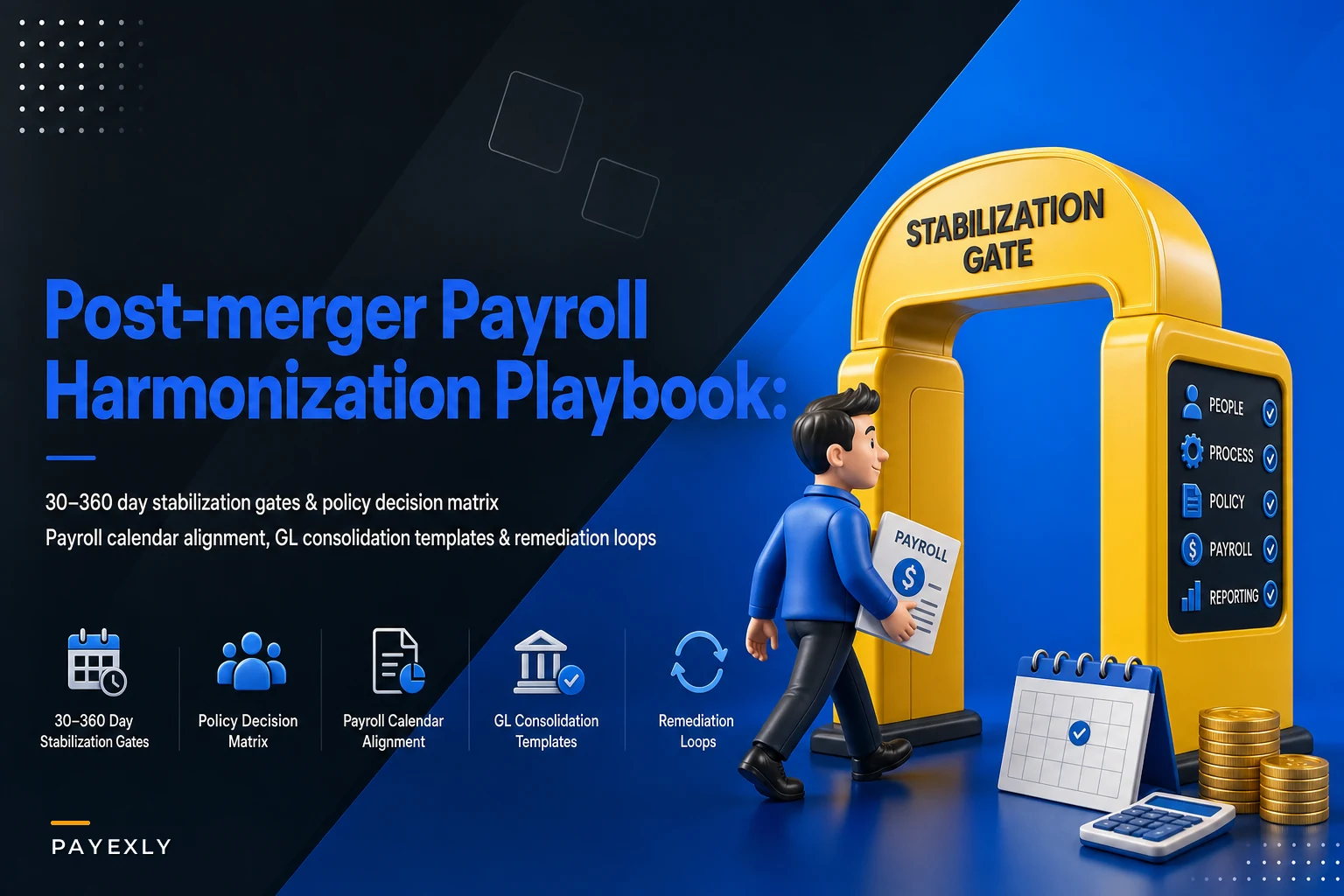 Post-merger payroll harmonization playbook: 30–360 day stabilization gates and GL templates