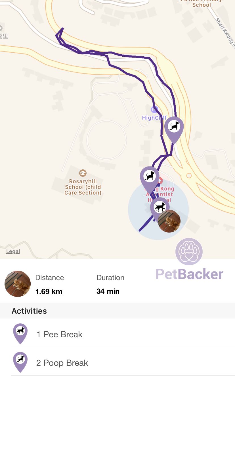 Just completed pet walking of 1.69 km with (null)
