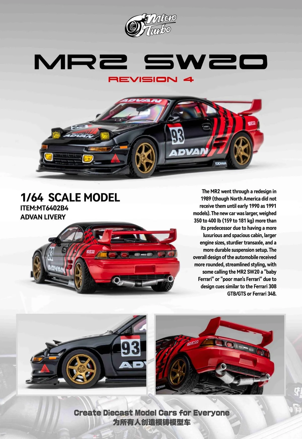 MicroTurbo MT 1:64 MR2 SW20. Black/Red Advan Livery