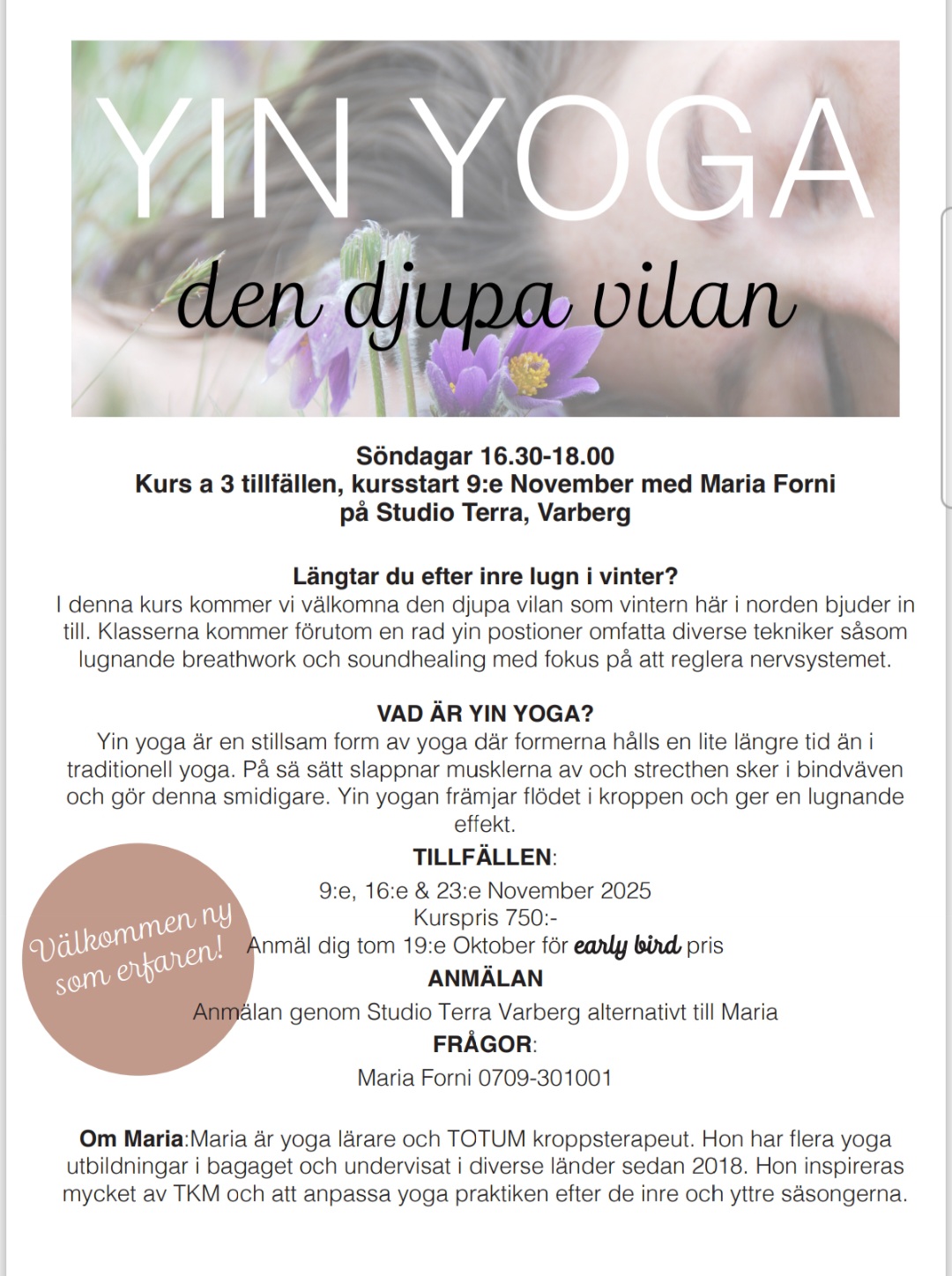Yinyoga- kurs med Maria Forni
