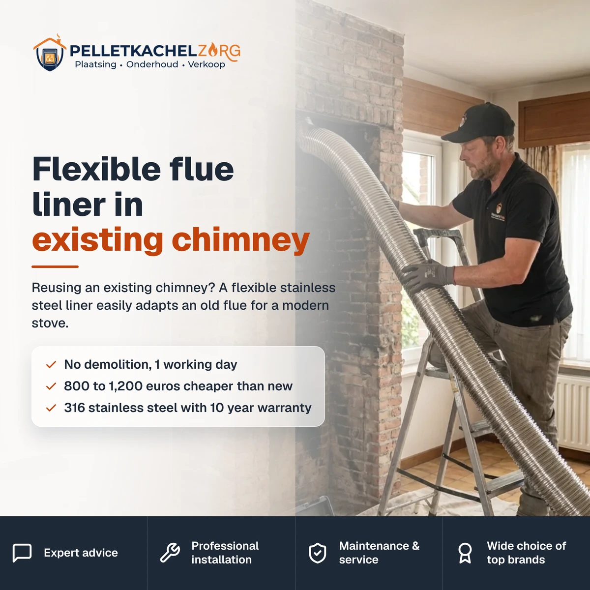 Flexible flue liner in existing chimney