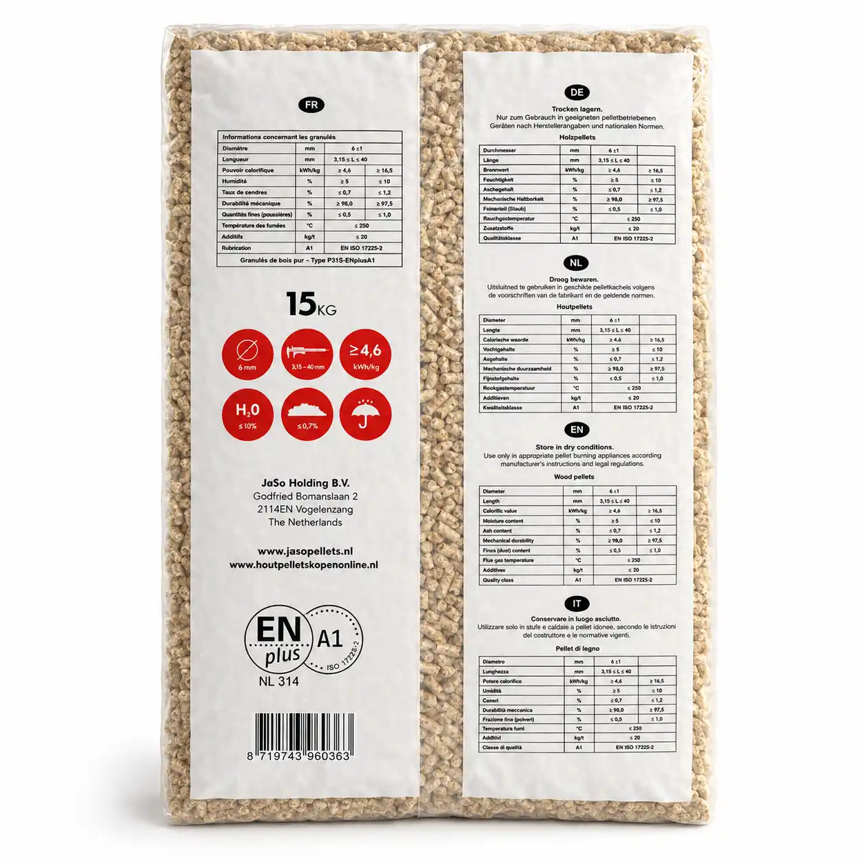 Jaso Pellets Zak 15kg – Enplus A1 – 6mm – 2