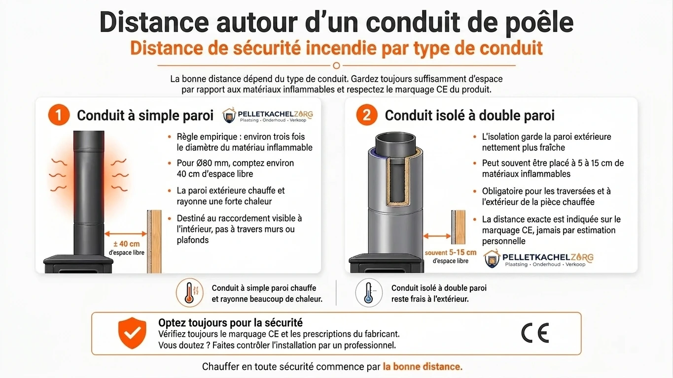 Distance et sécurité des tuyaux de poêle, illustration avec exemple de la distance correcte pour les tuyaux à simple paroi et à double paroi