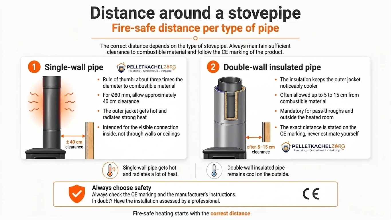 Distance and safety for stove pipes Distance and safety for stove pipes, illustration with example of the correct distance for single-walled and double-walled pipes
