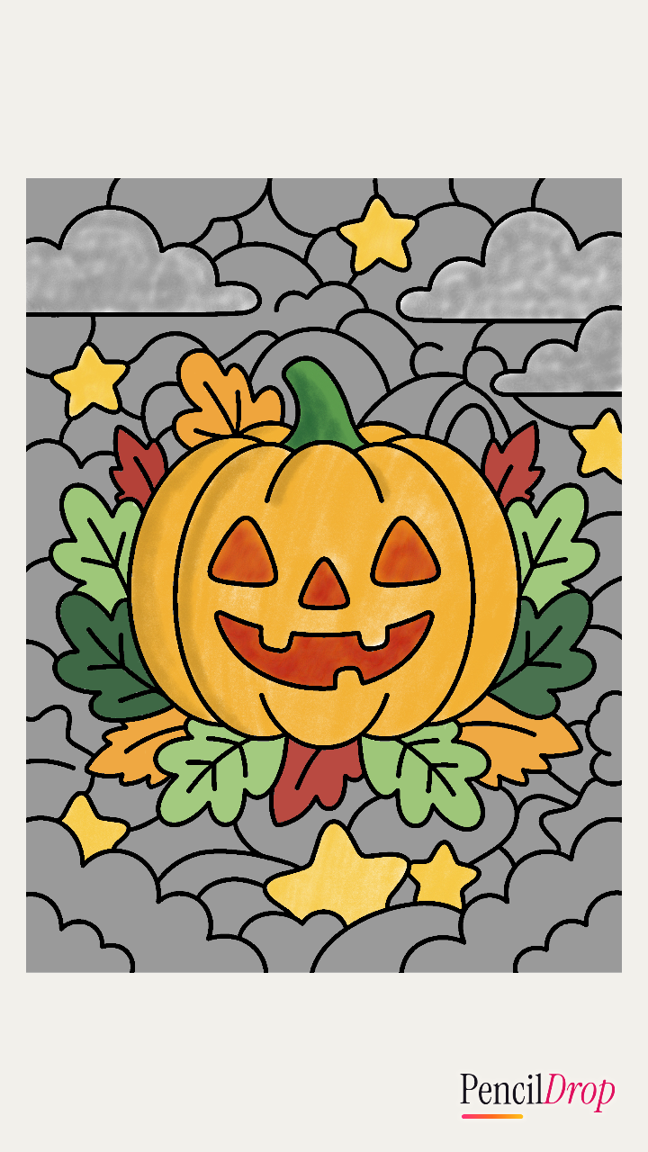 AshR's A friendly jack-o’-lantern with a simple grin, surrounded by big leaves