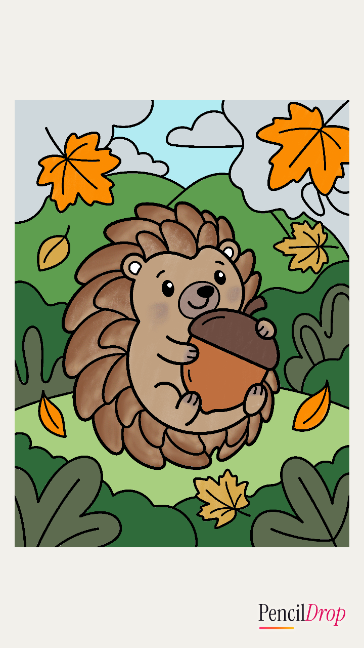 AshR's A round hedgehog hugging an acorn, with maple leaves