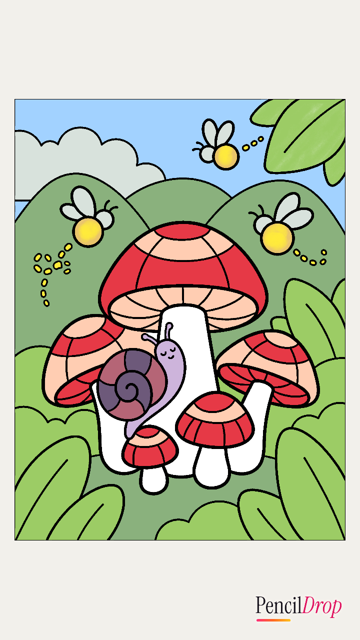 Sarahahaha's A cluster of toadstools with a snail and fireflies