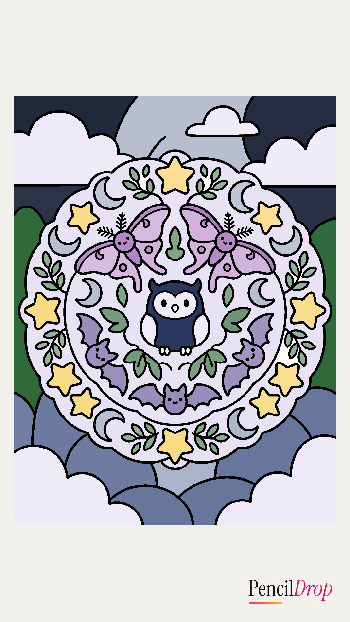 AshR's a moon-and-moths mandala, with a crescent moon, luna moths, bats, stars and a horned owl at the centre
