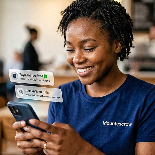 A person joyfully looking at her phone symbolizing a successful payment.