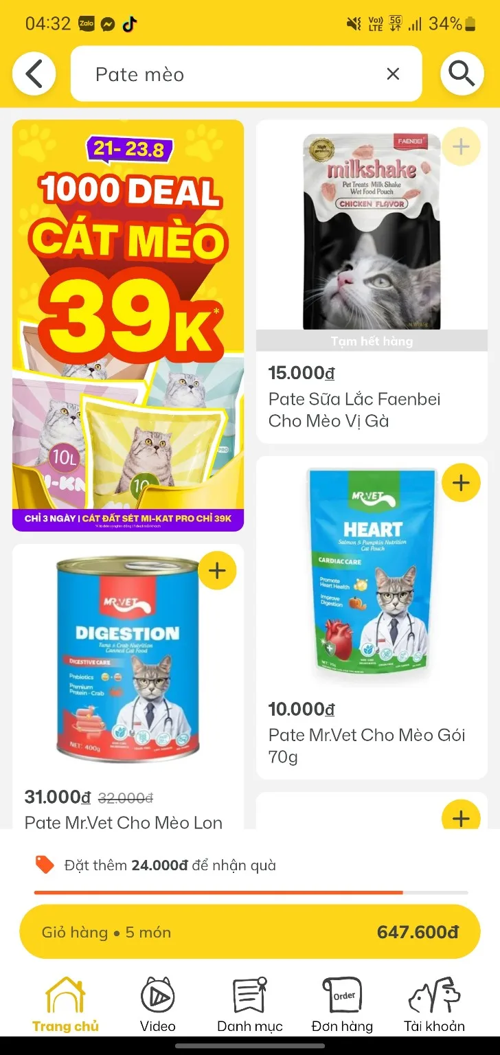 Tìm kiếm sản phẩm cho mèo trên App PETPET