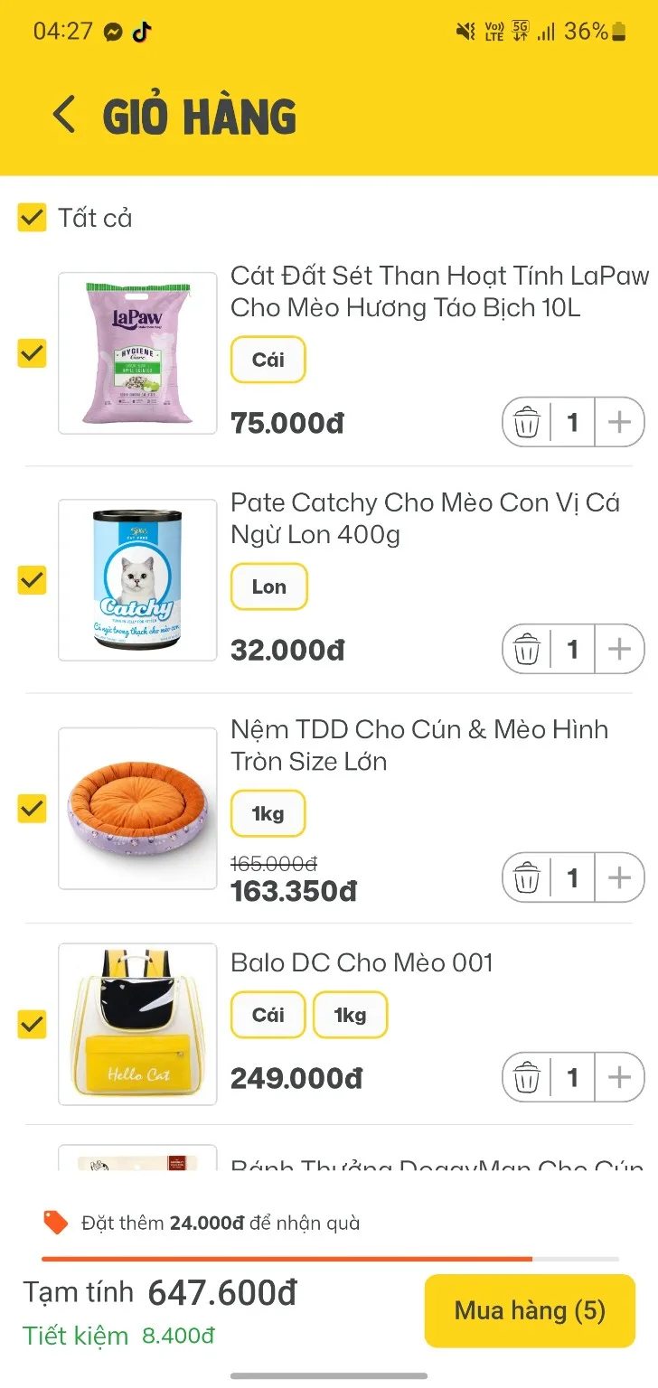 Kiểm tra giỏ hàng trên App PETPET