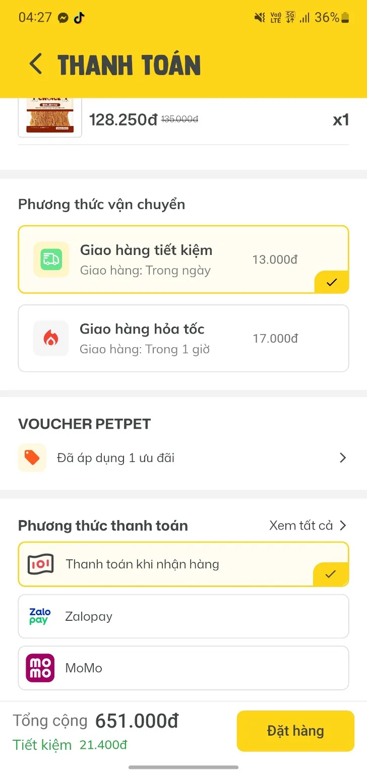 Thông tin giao hàng và thanh toán trên App PETPET