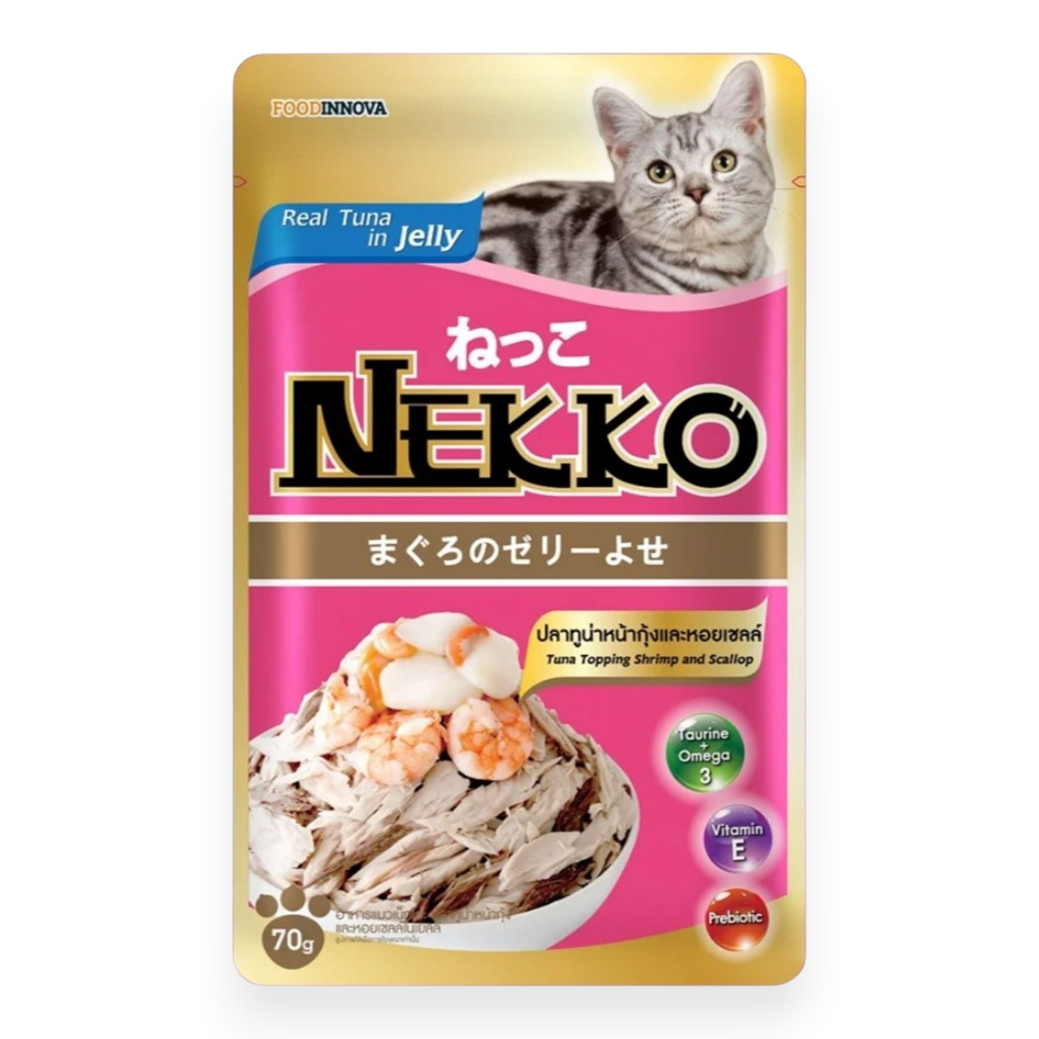 Pate Nekko Cho Mèo Vị Cá Ngừ Rắc Tôm Và Sò Điệp Dạng Thạch Gói 70g