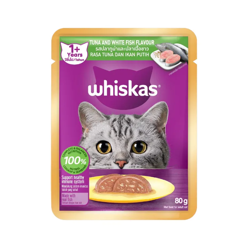 Pate Whiskas Mèo Trưởng Thành - Vị Cá Ngừ & Cá Trắng Gói 80g cho Mèo - Adult Tuna & Whitefish