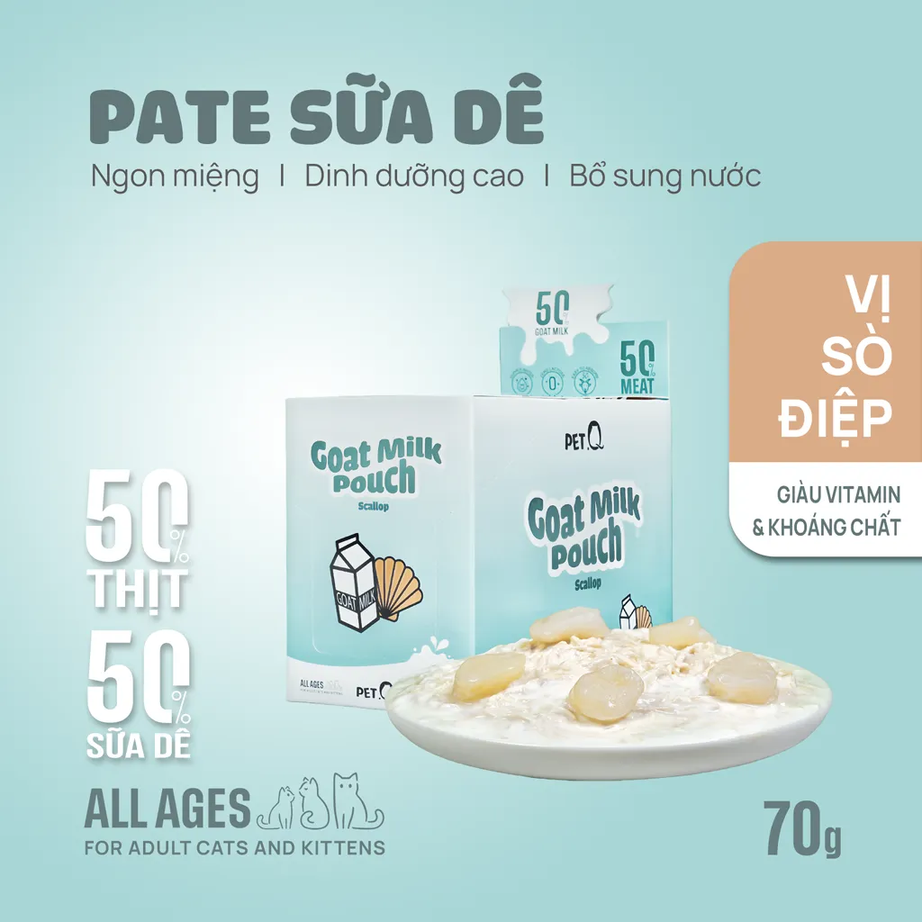 Pate PetQ Sữa Dê Vị Sò điệp Gói 70g cho Mèo