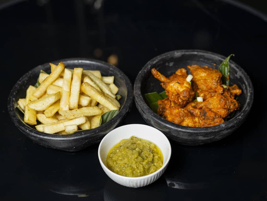 Yam Chips with Grilled Chicken wings at Pepper & Co