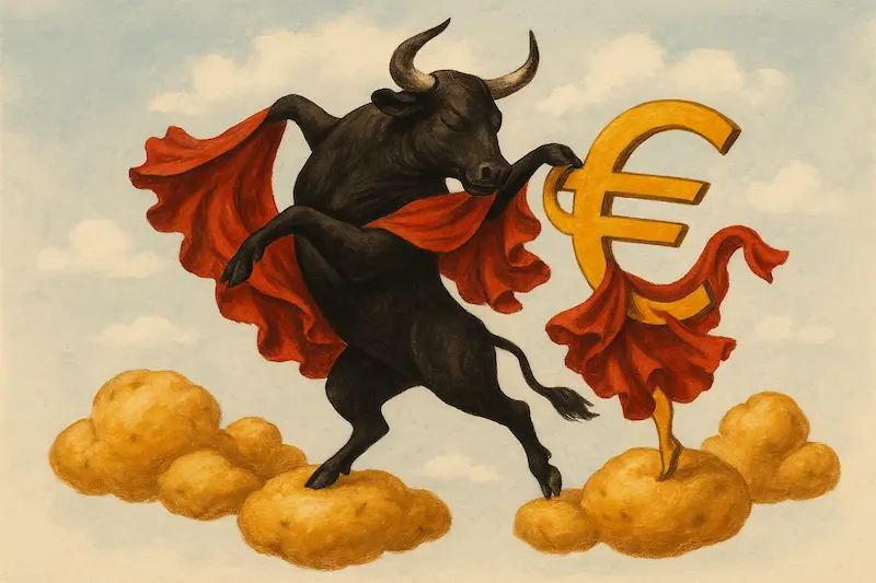 Flamenco in Spanish: The bull dances with the eurozone on potato clouds.