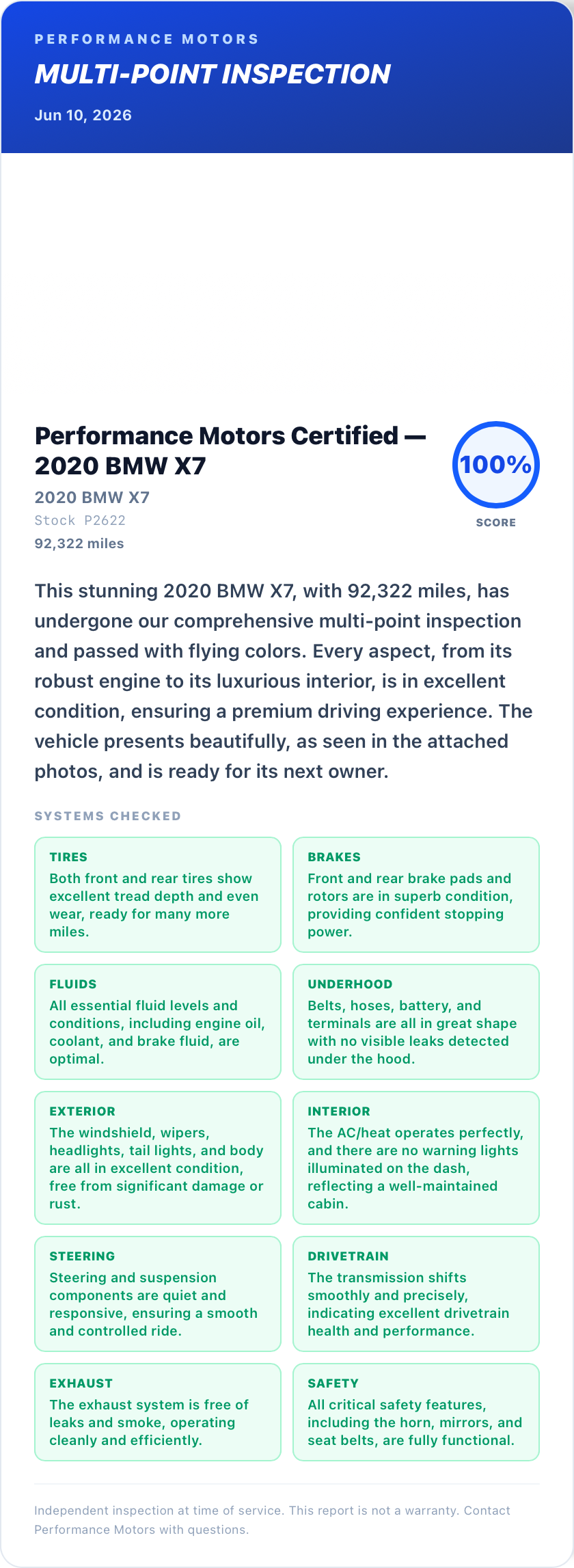 Inspection report for 2020 BMW X7