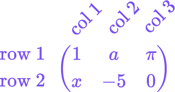 <ul>
<li>A purple rectangular array enclosed in round brackets with two horizontal rows of three entries each.</li>
<li>Left-side labels: “row 1” aligned with the top row and “row 2” aligned with the bottom row.</li>
<li>Slanted labels above the array: “col1”, “col2”, “col3” positioned over the first, second, and third columns.</li>
<li>Entries:
<ul>
<li>Top row: 1, a, π</li>
<li>Bottom row: x, −5, 0</li>
</ul>
</li>
<li>Variables (a, x) and symbols (π) are in the same purple color as the numbers and labels.</li>
</ul>
