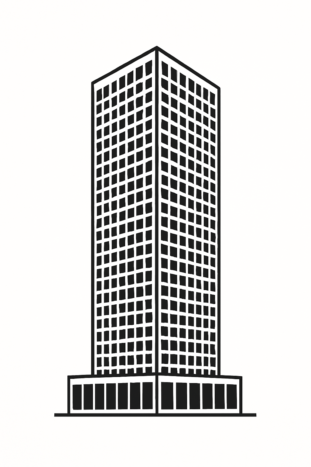 <p>A diagram of a simplified, two-point-perspective sketch of a skyscraper</p>