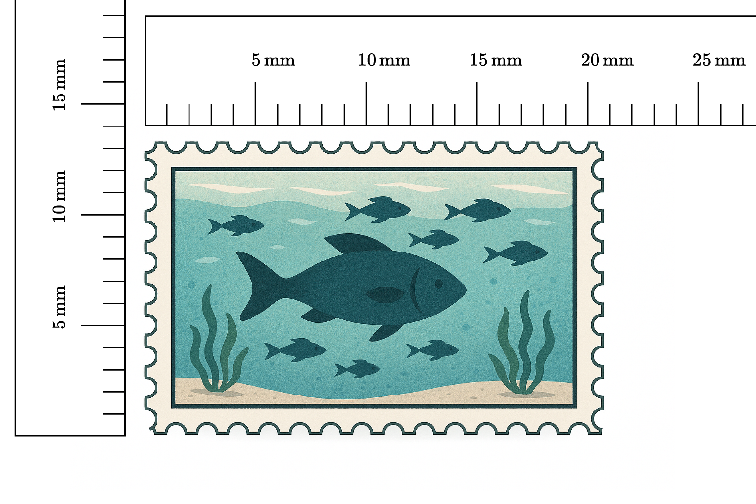 <p>The diagram shows two main elements: a set of perpendicular ruler scales in the upper‐left corner and, below/right of them, an enlarged “postage stamp”–style rectangle with a scalloped perforation border and an underwater fish scene inside.</p><ol><li><p>Ruler scales<br>• A horizontal ruler bar runs left–right, marked from 0 up to 25 mm.<br>– Fine tick marks at each millimeter.<br>– Heavier ticks and numeric labels at 5 mm intervals (5 mm, 10 mm, 15 mm, 20 mm, 25 mm).<br>• A vertical ruler bar runs top–down, aligned flush with the left end of the horizontal bar, marked from 0 up to 15 mm.<br>– Fine tick marks at each millimeter.<br>– Heavier ticks and numeric labels at 5 mm and 10 mm and 15 mm.<br>• The two rulers meet at a right angle, forming an L-shaped corner.</p></li><li><p>Postage‐stamp rectangle<br>• Overall outer shape: a wide rectangle with evenly spaced semicircular notches (scallops) on all four sides, simulating perforations.<br>• Just inside the scalloped edge is a narrower rectangular border (a single line).<br>• Interior scene:<br>– Background of layered water tones and a sandy seabed along the bottom edge.<br>– One large central fish silhouette, swimming left to right.<br>– Eight smaller fish silhouettes scattered around the large fish, at varying heights.<br>– Two clusters of wavy seaweed plants rooted on the sandy bottom—one cluster on the left, one on the right.<br>– A few small circular bubbles or dots in the water area.<br>– Transverse lighter wave shapes near the top of the water to indicate surface ripples.</p><p>- The width of the stamp is between 20 and 21mm, closer to 21.</p><p>- The height of the stamp is between 13 and 14mm, closer to 13mm.</p></li></ol>