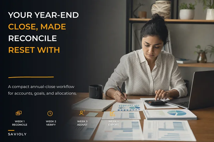 A compact annual financial close: reconcile accounts, update goals, and reset allocations with KPI-driven decisions