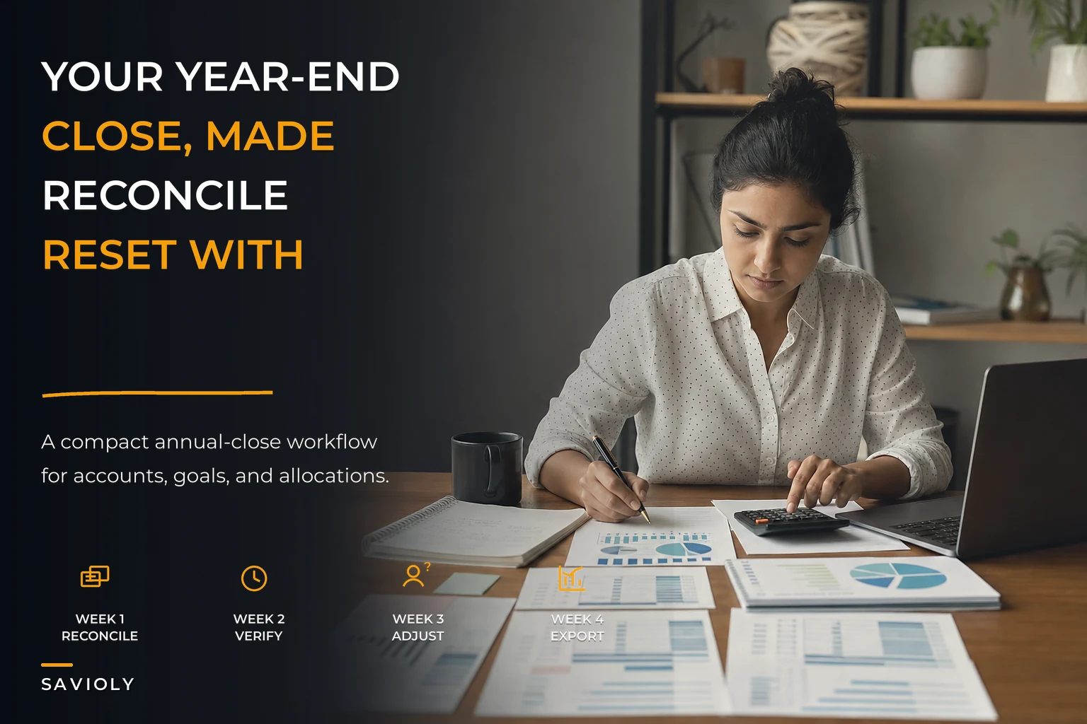 A compact annual financial close: reconcile accounts, update goals, and reset allocations with KPI-driven decisions