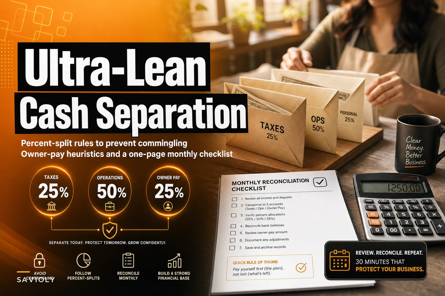 Avoid commingling cash: ultra-lean separation rules for micro-entrepreneurs with percent-splits and a monthly reconciliation checklist