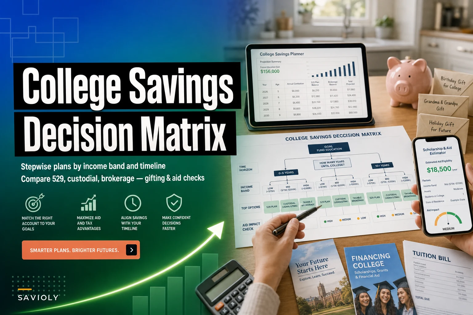 College-savings decision matrix: 529 vs custodial vs brokerage with stepwise plans by income and timeline