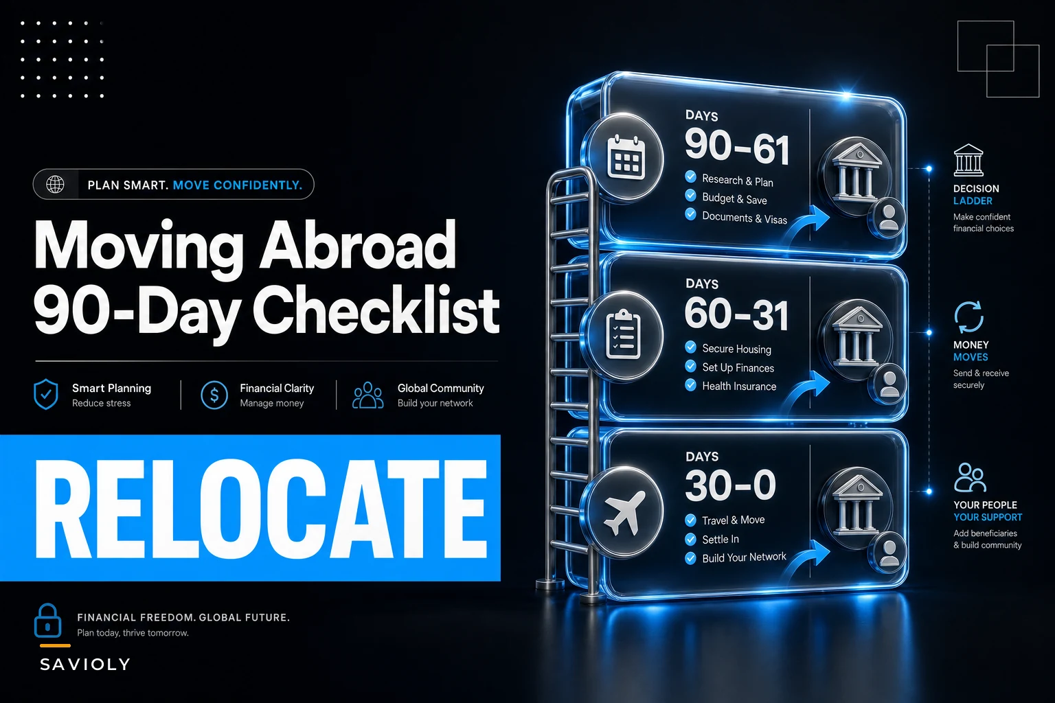 Moving abroad financial checklist: a 90-day pre-move calendar for banking, remittance, titling, and tax-residency steps