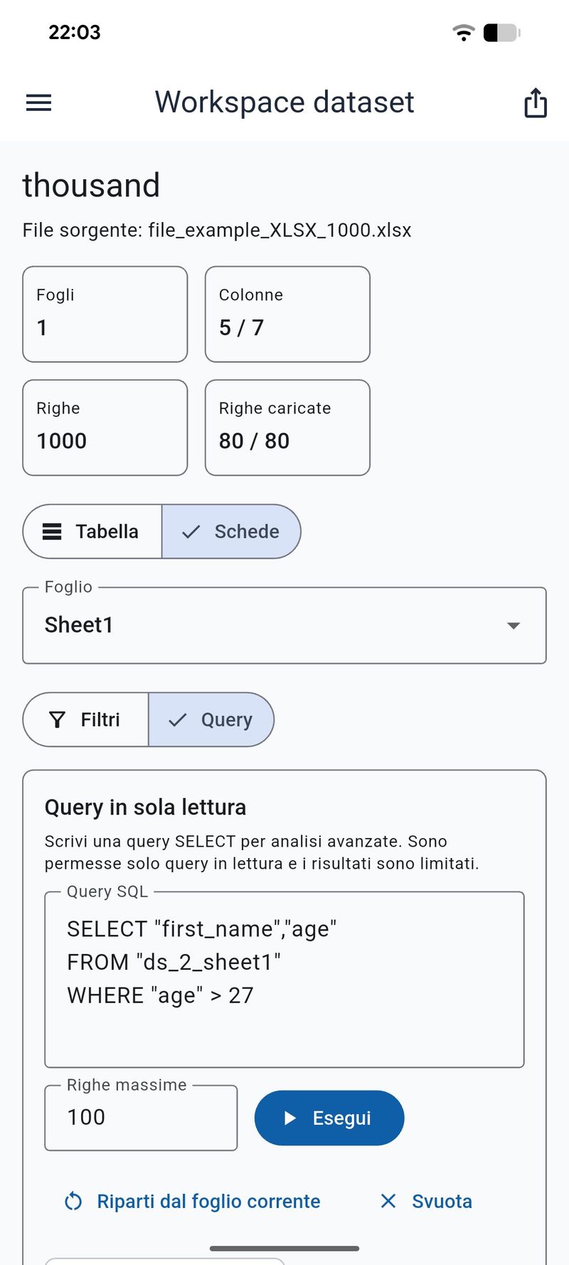 Filtri, query SQL e vista a schede in Exlser 2