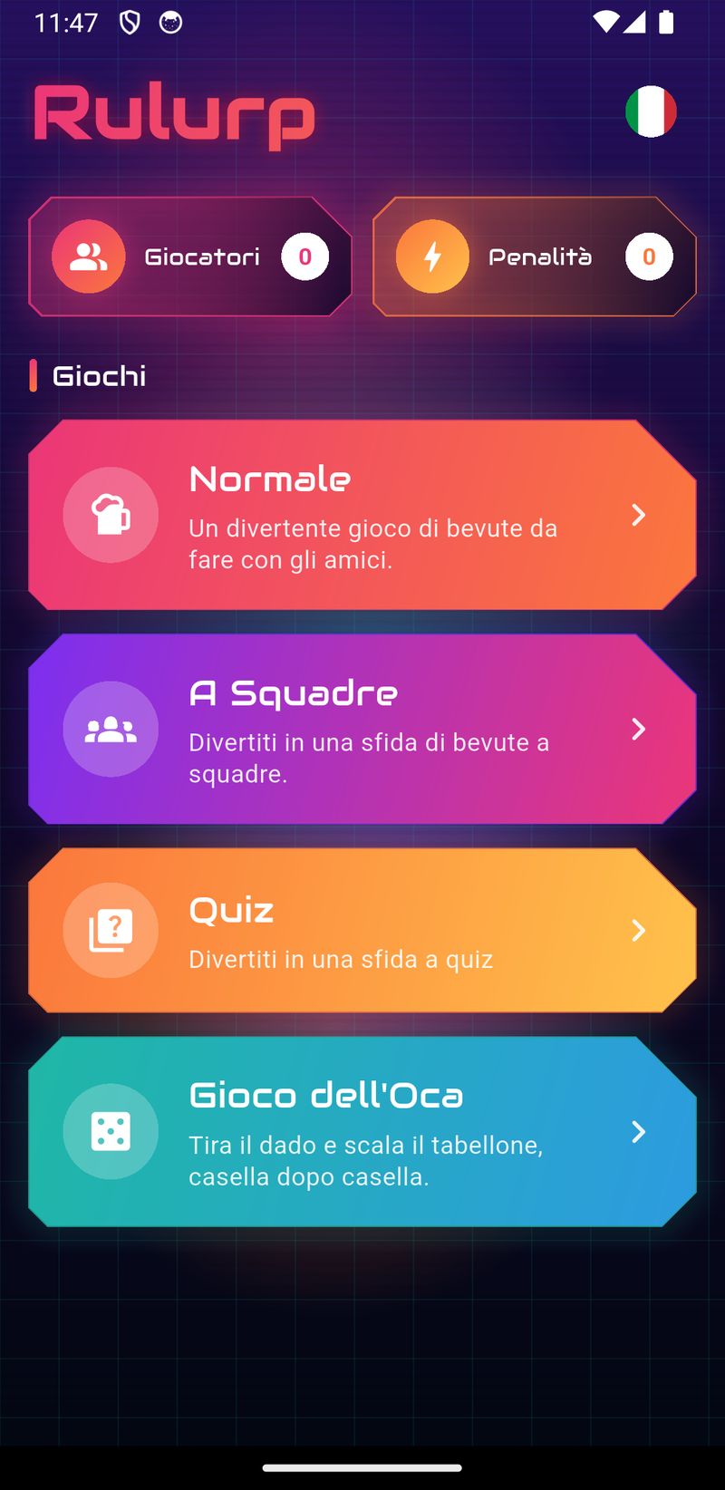 Rulurp home screen with Normal, Team Game, Trivia, and Goose Game modes