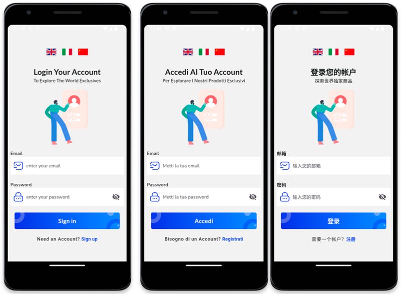 Examples with multi-language support and accessible components in Flutter 2