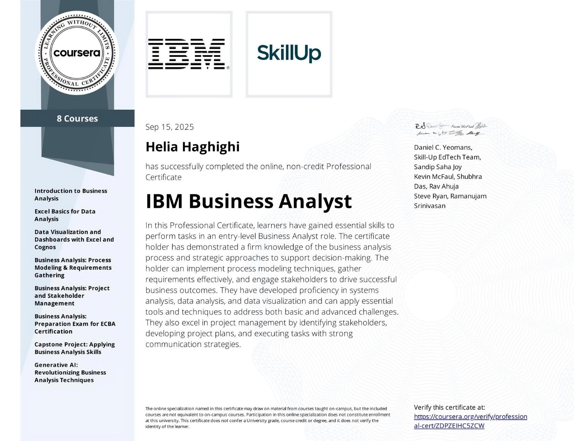 IBM Professional Business Analyst - Certificate — certificate awarded to Helia Haghighi, September 2025