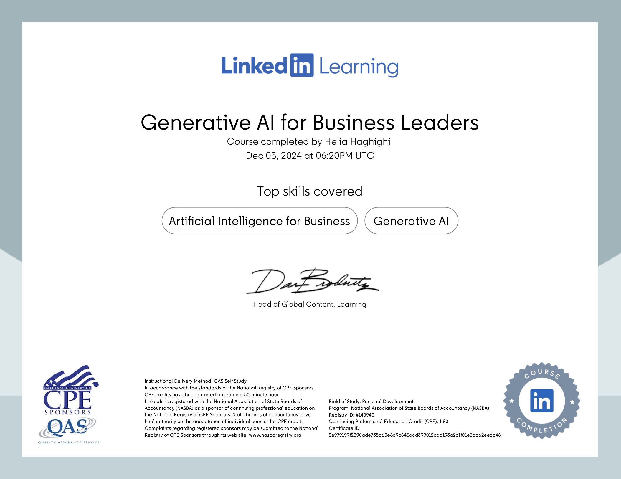 Generative AI for Business Leaders — certificate awarded to Helia Haghighi, December 2024