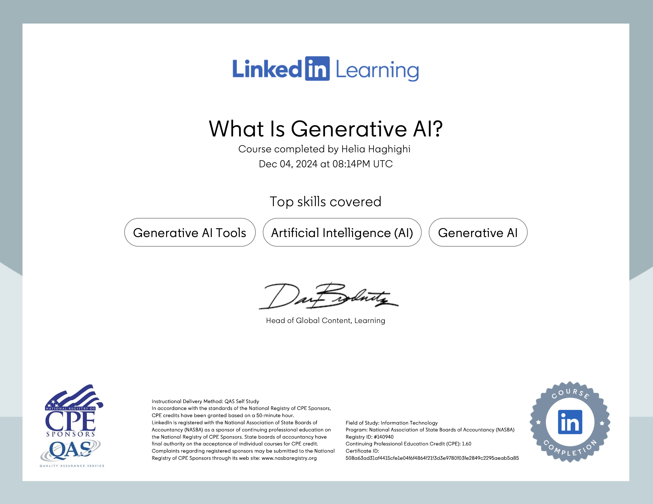 What Is Generative AI? — certificate awarded to Helia Haghighi, December 2024