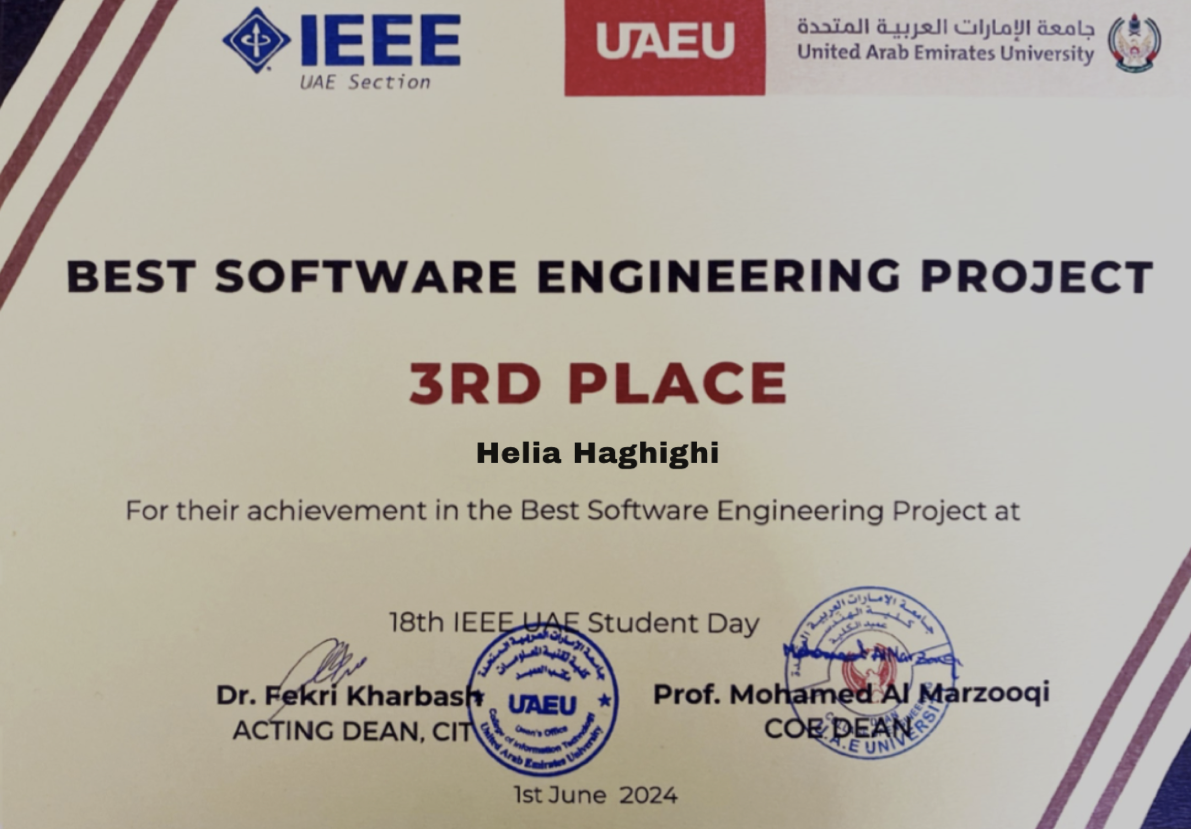 IEEE Best Software Engineering Project — certificate awarded to Helia Haghighi, June 2024