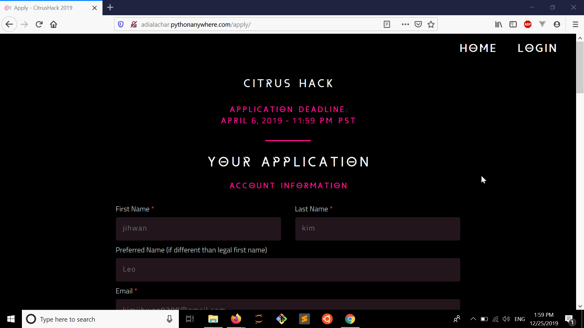 Application/Account creation page.