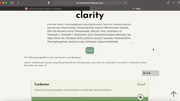 To expand the ingredient card to display more information, click the + button. To collapse the ingredient card, click the - button.