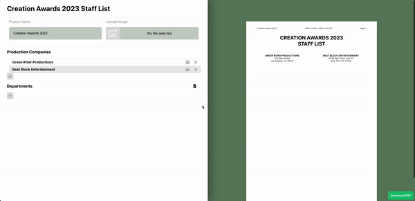 The form used for populating the printable pdf sheet is dynamic. Users can add and delete rows to fit their shoot’s specific criteria.