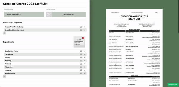 Generating the PDF file for the staff sheet is as easy as a single press of a button.
