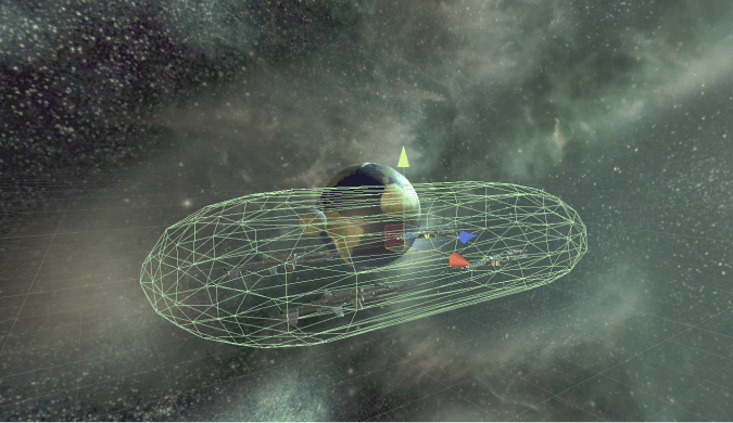The smart boundary, a large pill-shaped collider that envelopes the map. It is invisible during gameplay.